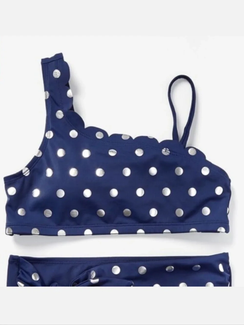 Justice Navy/Gold Foil dot scalloped one shoulder bikini Size 14 NWT